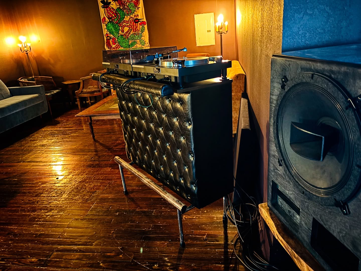 DJ booth with turntables at Terry's Hi-Fi Kissa