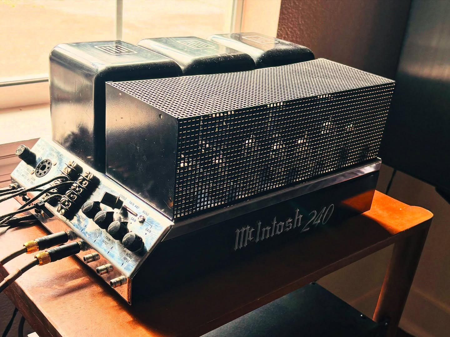 Close-up of a vintage McIntosh 240 tube amplifier